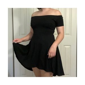 black off-the-shoulder high-low skater dress
